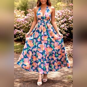 Jessica Simpson Floral Halter Maxi Dress Smocked Back Tiered Spring Summer Size
